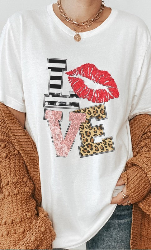 LOVE Multi Pattern Valentines Day Graphic Tee