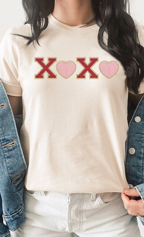 Heart XOXO Faux Chenille Letters Graphic Tee T-Shirt