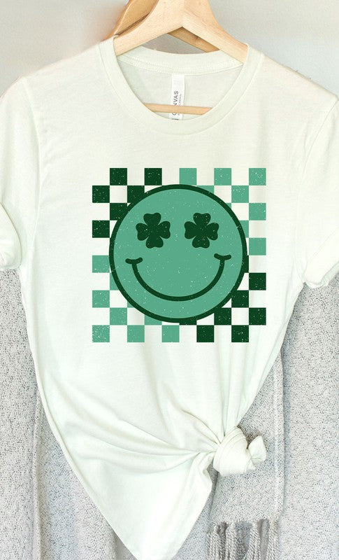 Checkered Clover Smiley St Patricks Graphic Tee T-Shirt