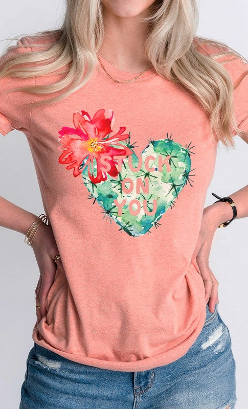 Blooming Cactus Stuck on You Valentine Graphic Tee T-Shirt