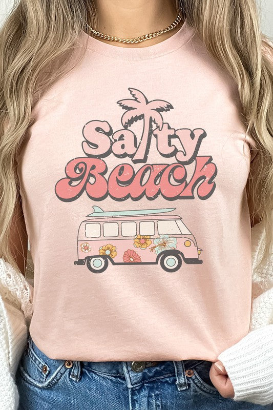 Salty Beach Van Palm Tree Sand Surf Graphic Tee T-Shirt