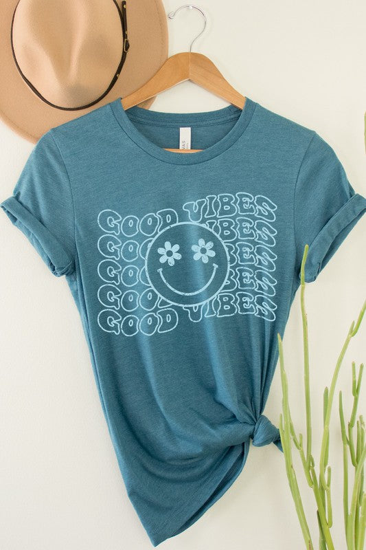 Good Vibes Flower Eyes Smiley Summer Graphic Tee T-Shirt