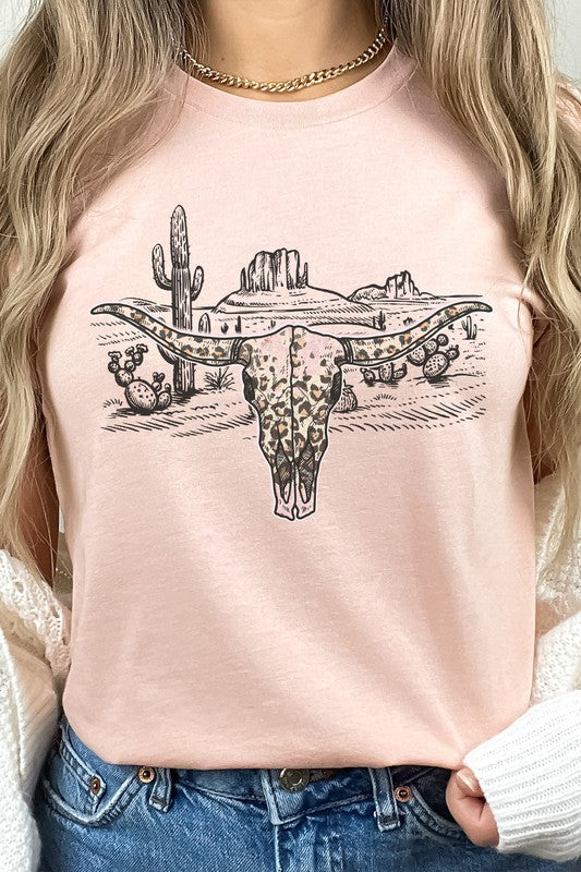 Longhorn Skull Western Desert Scene Graphic Tee T-Shirt