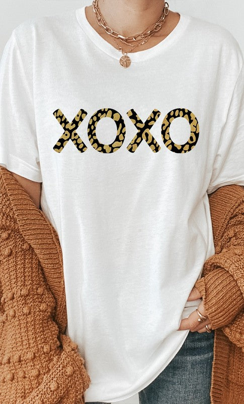 Metallic Gold Leopard Print XOXO Graphic Tee T-Shirt