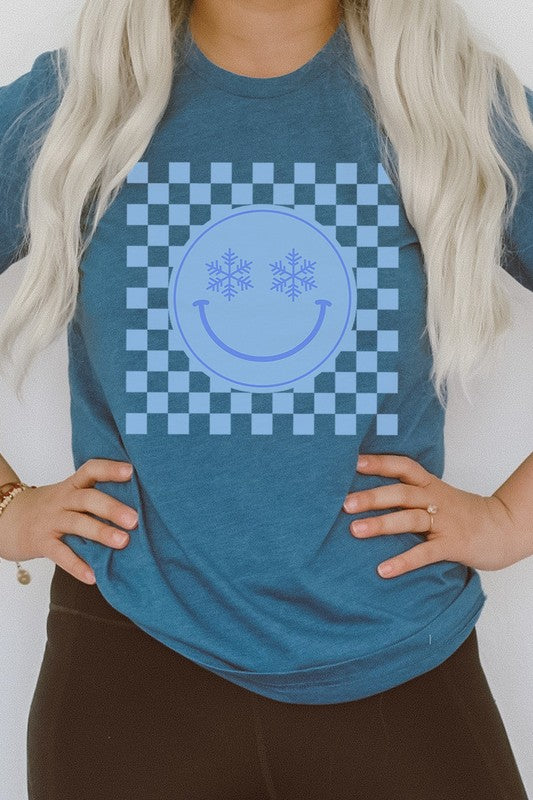 Snowflake Smiley Face Checker Winter Graphic Tee T-Shirt