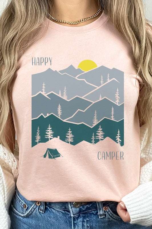 Happy Camper Forest Mountain Sun Rise Graphic Tee T-Shirt