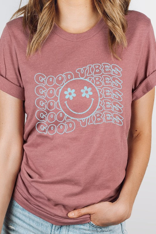 Good Vibes Flower Eyes Smiley Summer Graphic Tee T-Shirt