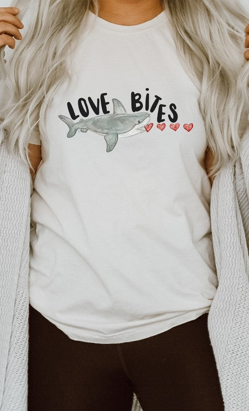 Love Bites Heart Eating Shark Graphic Tee T-Shirt