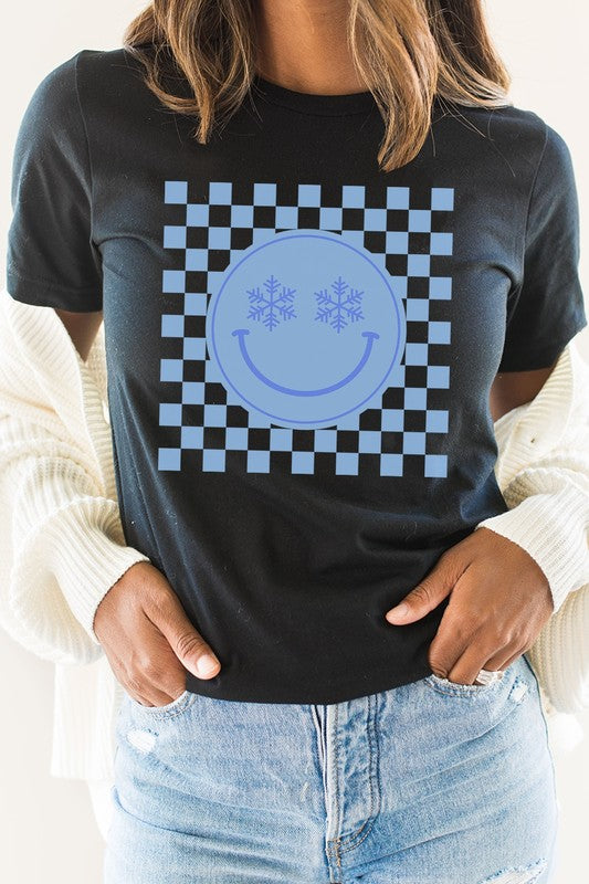 Snowflake Smiley Face Checker Winter Graphic Tee T-Shirt