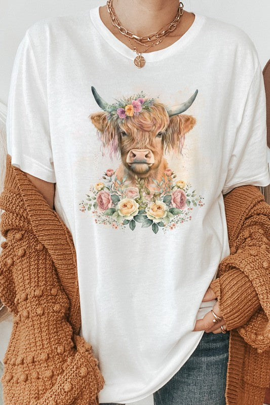 Floral Garden Baby Highland Cow Graphic Tee T-Shirt