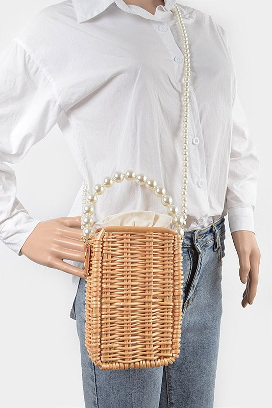 Bamboo Weaved Pearl Handle Swing Clutch Bag