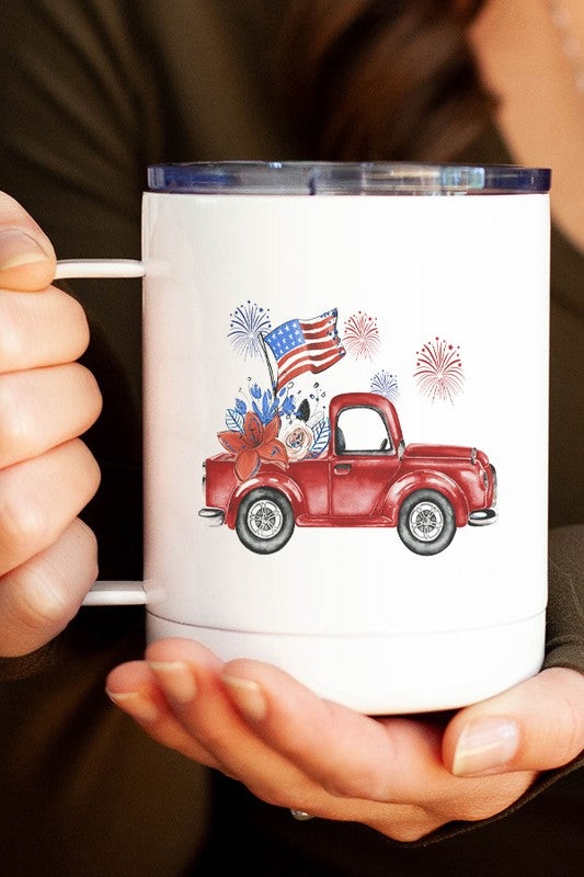 Patriotic Red Truck Fireworks Travel Mug