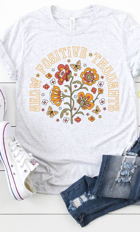 Retro Grow Positive Thoughts Floral Graphic Tee T-Shirt