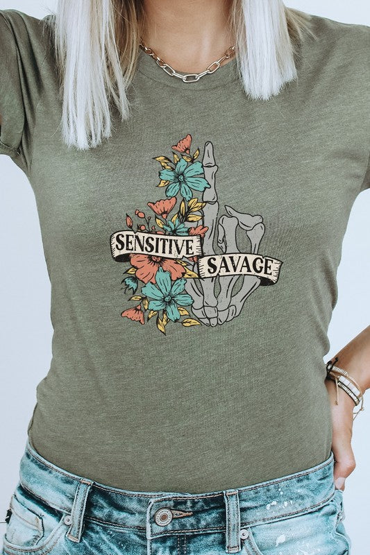 Sensitive Savage Floral Skeleton Hand Graphic Tee T-Shirt