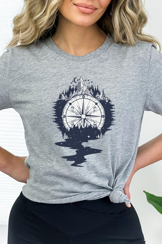 Compass Mountains Forest Night Sky Graphic Tee