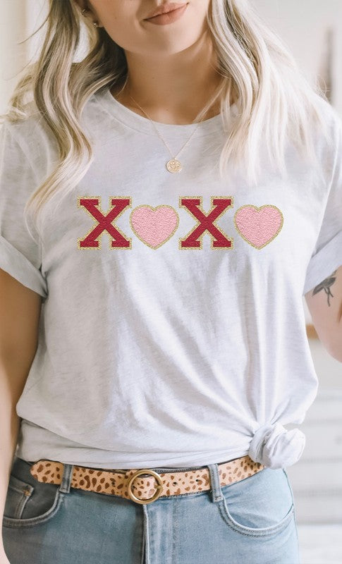 Heart XOXO Faux Chenille Letters Graphic Tee T-Shirt