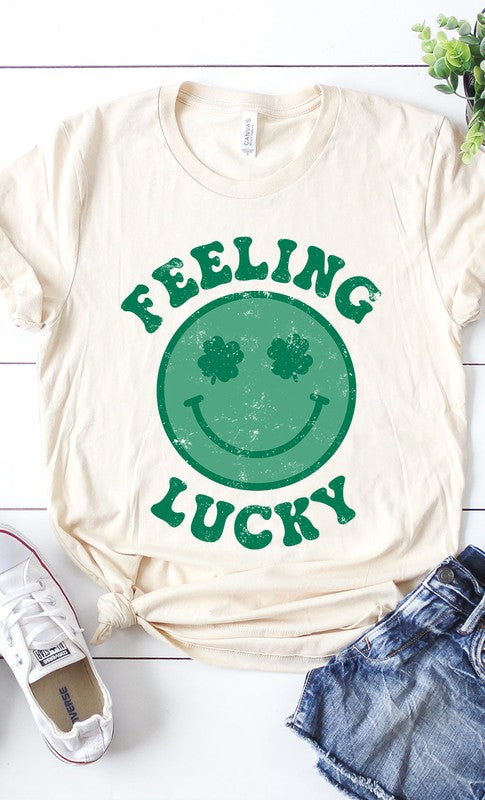 Retro DISTRESSED Feeling Lucky Smiley Face Tee T-Shirt