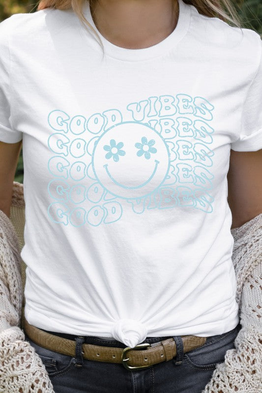 Good Vibes Flower Eyes Smiley Summer Graphic Tee T-Shirt