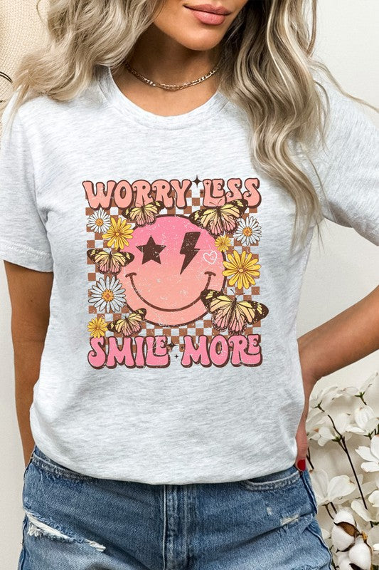 Worry Less Smile More Smiley Checkered Graphic Tee