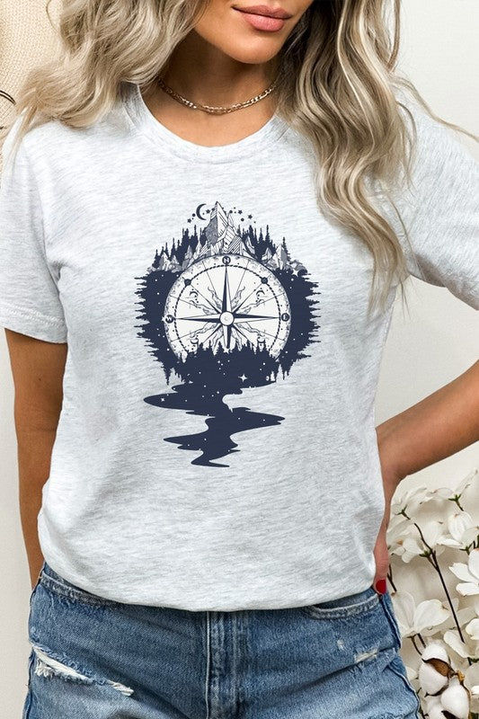 Compass Mountains Forest Night Sky Graphic Tee