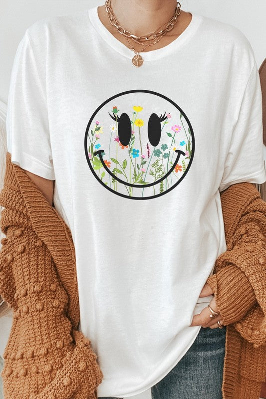 Boho Wildflower Lash Smiley Floral Graphic Tee