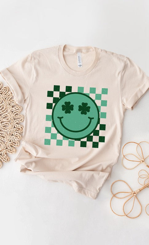 Checkered Clover Smiley St Patricks Graphic Tee T-Shirt