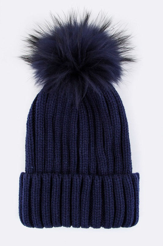 Raccoon Fur PomPom Beanie