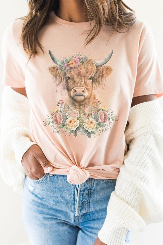 Floral Garden Baby Highland Cow Graphic Tee T-Shirt