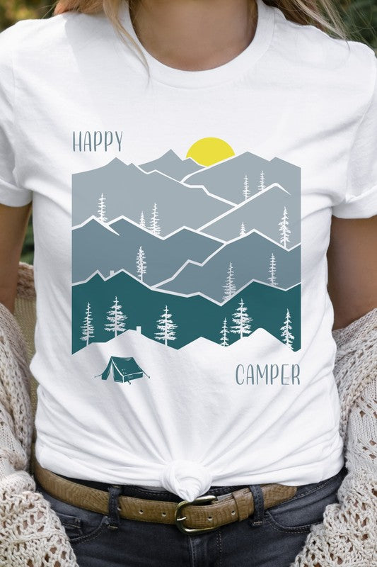 Happy Camper Forest Mountain Sun Rise Graphic Tee T-Shirt