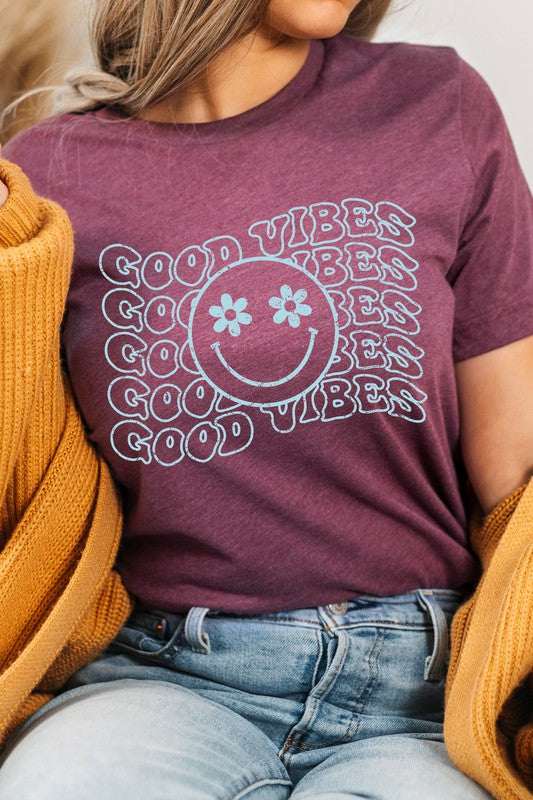 Good Vibes Flower Eyes Smiley Summer Graphic Tee T-Shirt