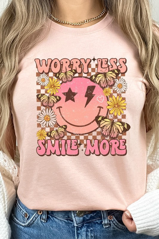 Worry Less Smile More Smiley Checkered Graphic Tee