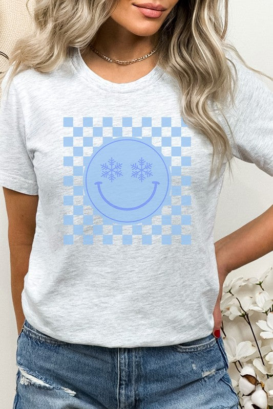 Snowflake Smiley Face Checker Winter Graphic Tee T-Shirt