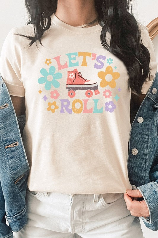 Lets Roll High top Roller Skate Floral Graphic Tee T-Shirt