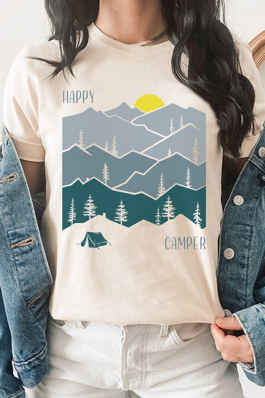 Happy Camper Forest Mountain Sun Rise Graphic Tee T-Shirt