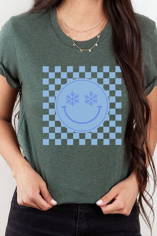 Snowflake Smiley Face Checker Winter Graphic Tee T-Shirt