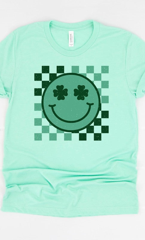 Checkered Clover Smiley St Patricks Graphic Tee T-Shirt