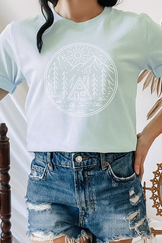 Cabin in Forest Sun Shining Vacation Graphic Tee