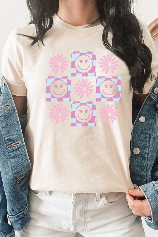 Pastel Checkered Flower Lashes Smiley Graphic Tee T-Shirt