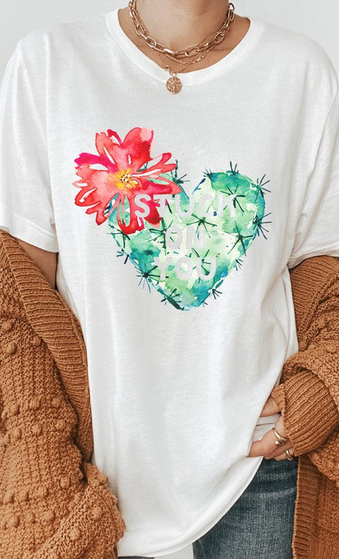 Blooming Cactus Stuck on You Valentine Graphic Tee T-Shirt