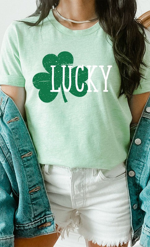 White Lucky with Green Shamrock Graphic Tee T-Shirt