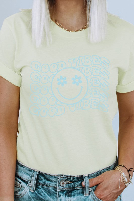 Good Vibes Flower Eyes Smiley Summer Graphic Tee T-Shirt