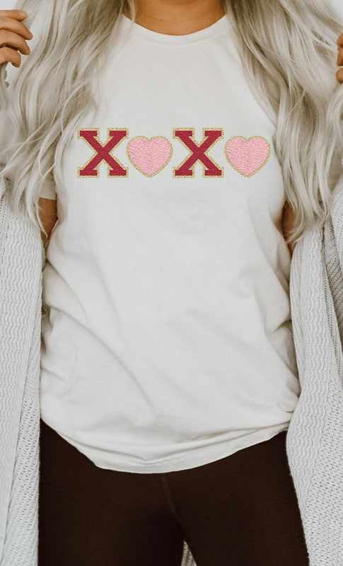 Heart XOXO Faux Chenille Letters Graphic Tee T-Shirt