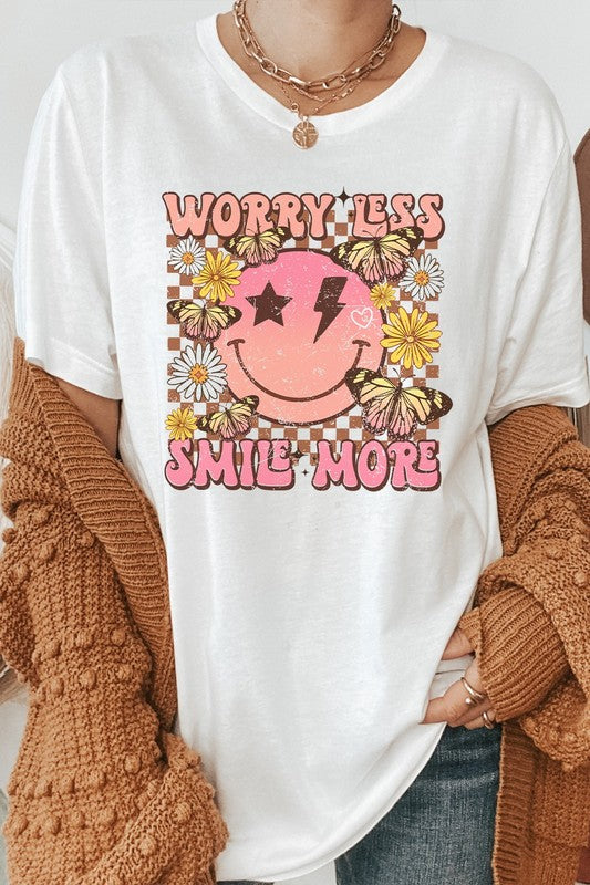 Worry Less Smile More Smiley Checkered Graphic Tee