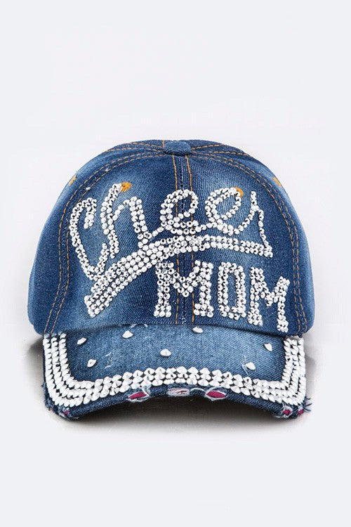 Crystal Cheer MOM Embellished Fashion Denim Cap