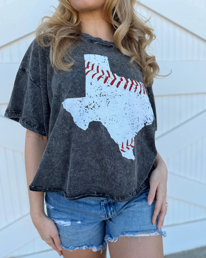 Vintage Black Baseball In “Texas” Mineral-Dipped Flowy Cropped Tee