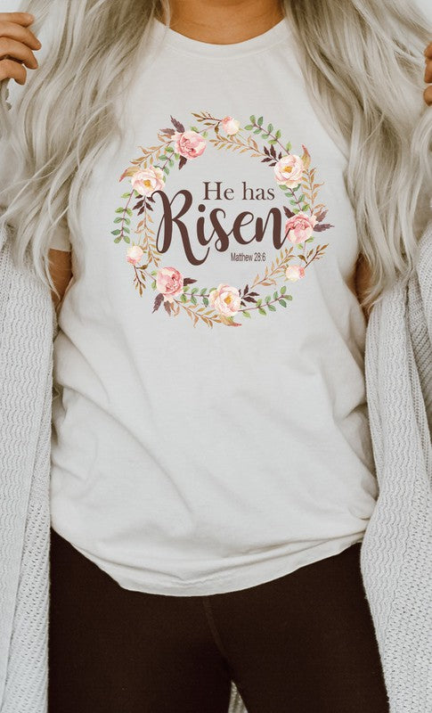 Floral He Has Risen Easter Graphic Tee T-Shirt