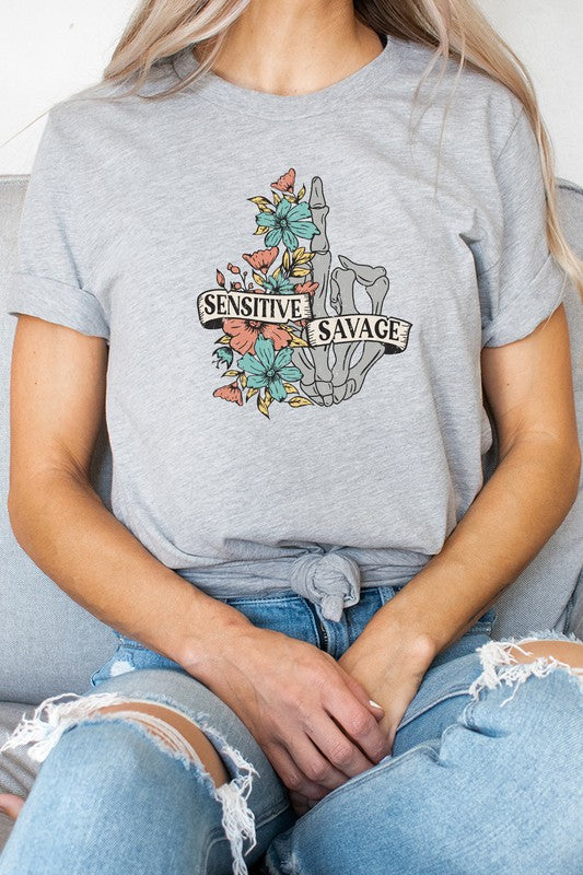 Sensitive Savage Floral Skeleton Hand Graphic Tee T-Shirt