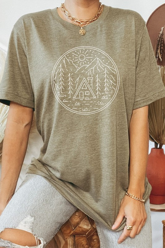 Cabin in Forest Sun Shining Vacation Graphic Tee