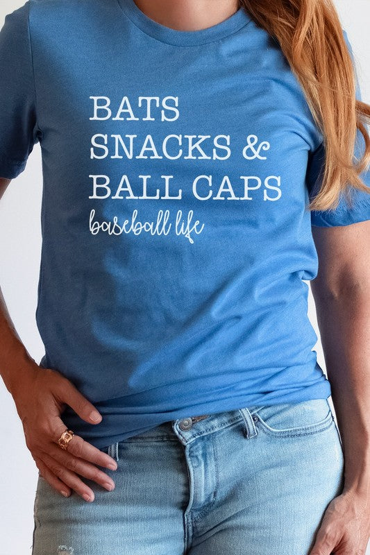 Bats Snacks and BallCaps Baseball Life Graphic Tee T-Shirt