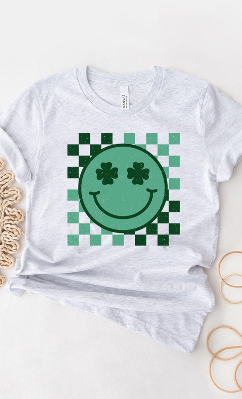 Checkered Clover Smiley St Patricks Graphic Tee T-Shirt